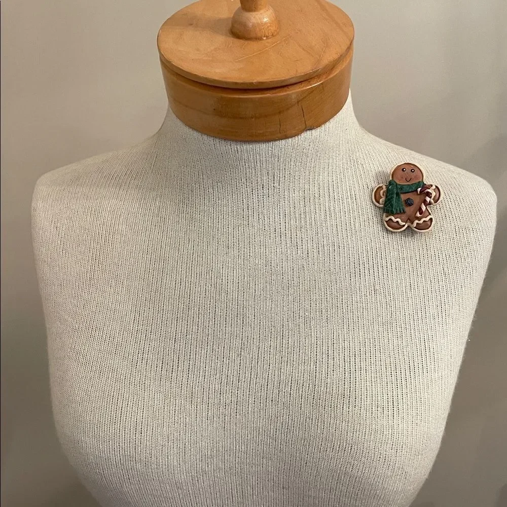 Vintage Festive Gingerbread Man Pin with Green Scarf & Candy Cane Christmas Pin